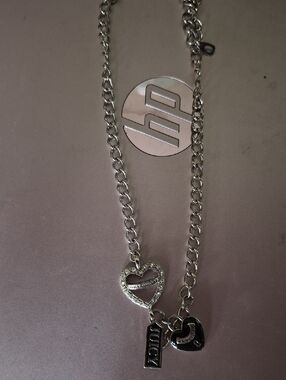 Juicy Couture Silver Heart Charm Necklace with Logo Tags
